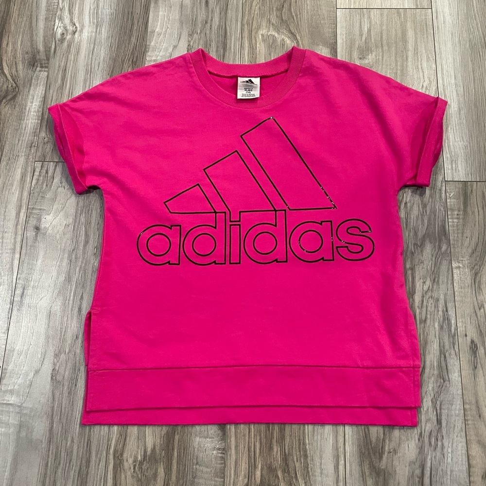 NWT: Adidas Youth Fuchsia French Terry Logo Crop T-Shirt (XL; 16)
